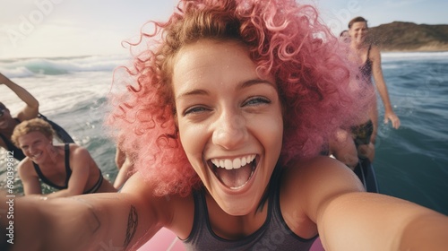 surfer girl with fashionable peach curls takes a selfie on the waves with a waterproof smartphone, cheerful teenagers spend their holidays in a warm country, zoomer generation,high quality photo