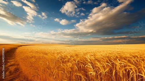 Golden harvest field and cloudy sky