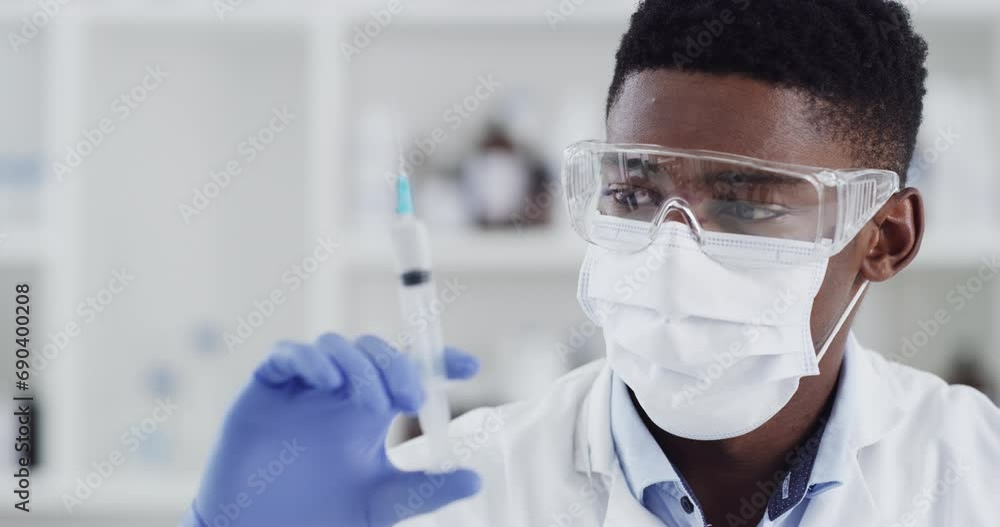Science, vaccine and syringe with man in laboratory for experiment, solution and healthcare. Analysis, medical and medicine with African scientist and dna research for cure, chemistry and study Science, vaccine and syringe with man in laboratory for experiment, solution and healthcare. Analysis, medical and medicine with African scientist and dna research for cure, chemistry and study