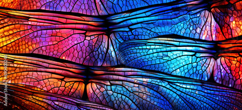 Multi-colored  vibrant abstract texture  wing of psychedelic dragonfly under microscope