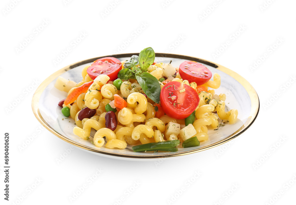 Plate with tasty pasta primavera on white background Plate with tasty pasta primavera on white background