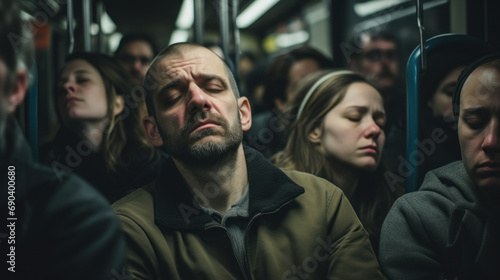 Tired depressed people in subway, rush hour photo