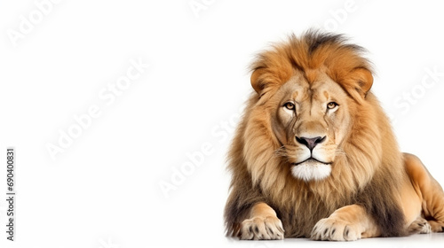 Portrait of a Male adult lion looking at the camera, Panthera leo, isolated on white. generative ai