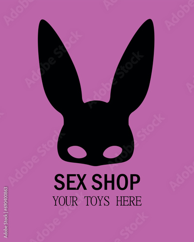 Sex shop label. Adult store logo. Rabbit mask on a bright pink background. Adult toys
