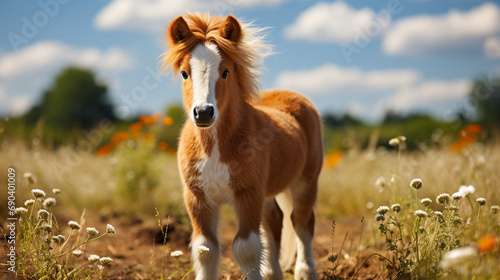 Beautiful miniature shetland breed pony stallion with long white mane in the field. generative ai