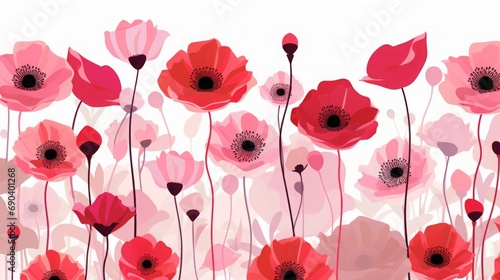 marimekko style red and pink poppies on transparent background, 16:9 photo