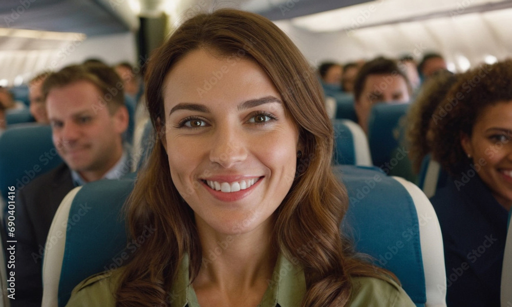 caucasian woman enjoys airplane journey with warm smile. Busy cabin, positive atmosphere. leisure, business travel. fictional location