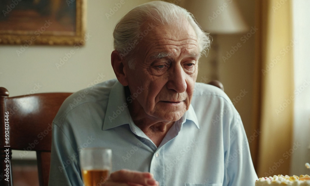 lonely elderly man blows out birthday candles alone. Grey hair, lonely elderly man blows out birthday candles alone. Grey hair,