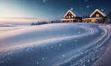 snow-covered landscape with cabin at dusk. Serene winter scene w