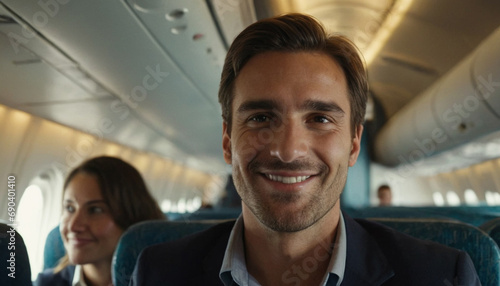 caucasian man enjoys flight in busy airplane cabin. Warm smile,