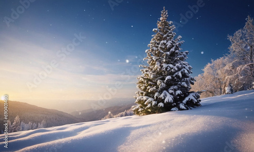 snow-covered hillside with tall pine tree adorned in snow. Star-