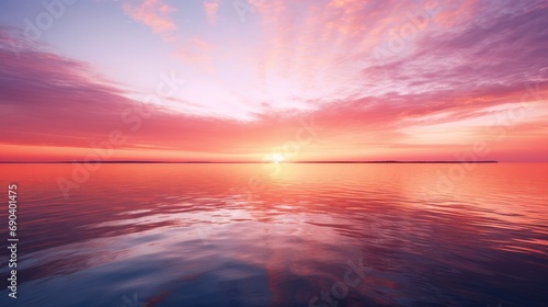 Background image captures the serene beauty of a sunset over a calm horizon  offering a perfect blend of warm hues and soothing tones. The sky is painted in a gradient of orange  pink  and lavender