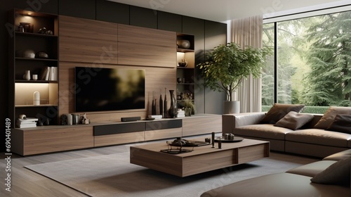 Modern Living Room With Stylish Furniture And TV Cabinet © Muslim
