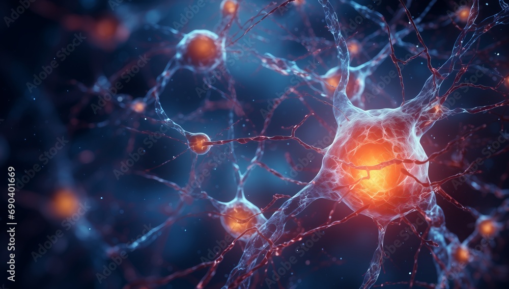 Neuron in Blue Light Photo, Rendered Style, Medical Imaging Film Aesthetics, Scientific Visual Representation Neuron in Blue Light Photo, Rendered Style, Medical Imaging Film Aesthetics, Scientific Visual Representation