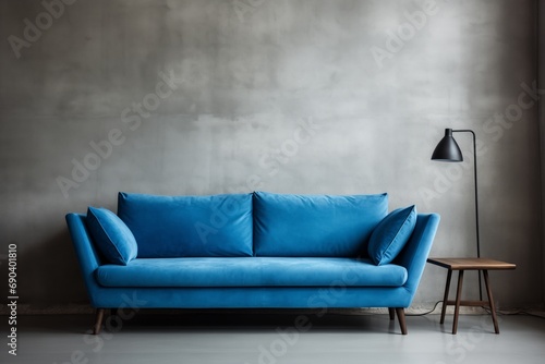 Scandinavian Loft Home with Blue Sofa Against Concrete Wall