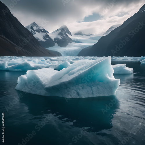 Large floating glacier surrounded by water, with intricate details of its shape and the surrounding water's color and texture.