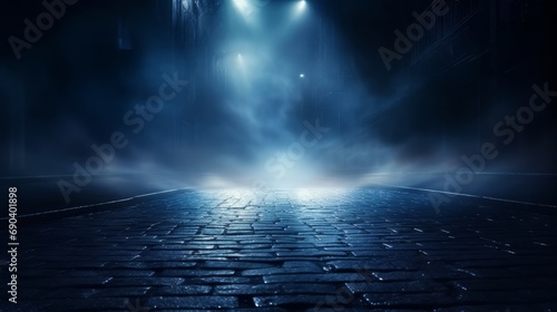 Ciemna ulica, mokry asfalt, odbicia promieni w wodzie. Ciemnoniebieskie tło, dym, smog. Pusta ciemna scena, światło neonowe, reflektory. Betonowa podłoga