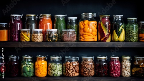 Organised Pantry Items Non Perishable Food Staples Healthy Eatings Fruits Vegetables And Preserved Foods In Jars On Kitchen Shelf