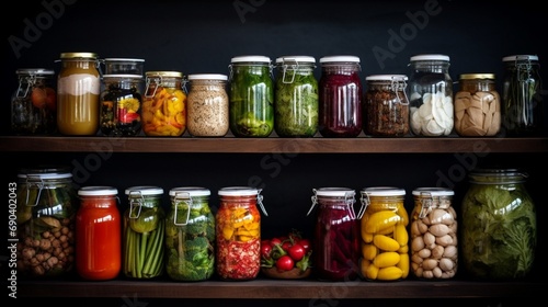 Organised Pantry Items Non Perishable Food Staples Healthy Eatings Fruits Vegetables And Preserved Foods In Jars On Kitchen Shelf