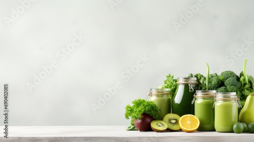 Glass jar mugs with green health smoothie, kale leaves, lime, apple, kiwi, grapes, banana, avocado, lettuce. Copy space. Raw, vegan, vegetarian, alkaline food concept. Banner photo