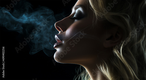 a young woman exhales with pleasure Cigarette smoke on a dark background, the concept of health care and the harm of smoking. banner, free space for text. 