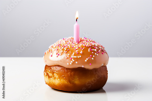 A round small birthday cake with one pink burning candle 