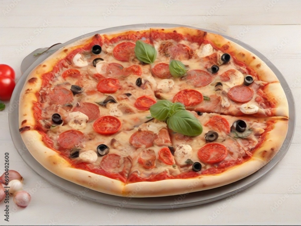 Fresh pizza on wooden table closeup