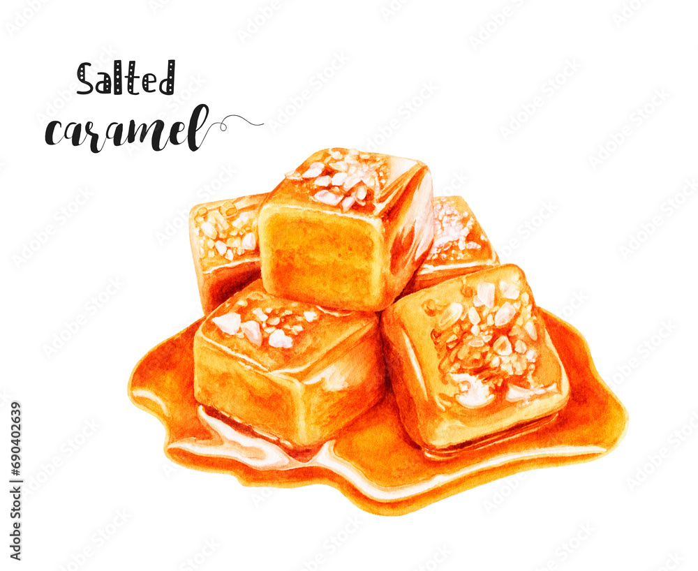 Watercolor illustration of salted caramel dessert close up. Design template for packaging, menu, postcards. PNG Watercolor illustration of salted caramel dessert close up. Design template for packaging, menu, postcards. PNG