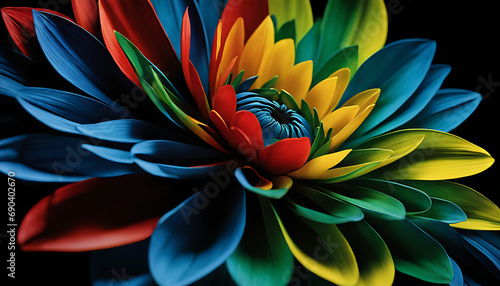A vibrant painting depicts a large abstract flower composed of interwoven shades of blue  green  yellow  and red petals against a deep black background in intricate and captivating detail.