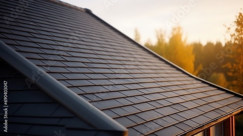 Roof shingles with garret house on top of the house. dark asphalt tiles on the roof background on afternoon time. dark asphalt tiles on the roof background photo