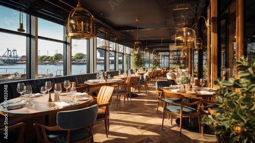 Rows of tables and seats set next to a luxury yachting style restaurant's windows