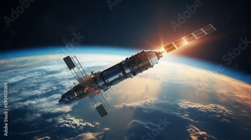 Russian spaceship on orbit of Earth. Sunlight and sky with clouds on background. Spacecraft in outer space