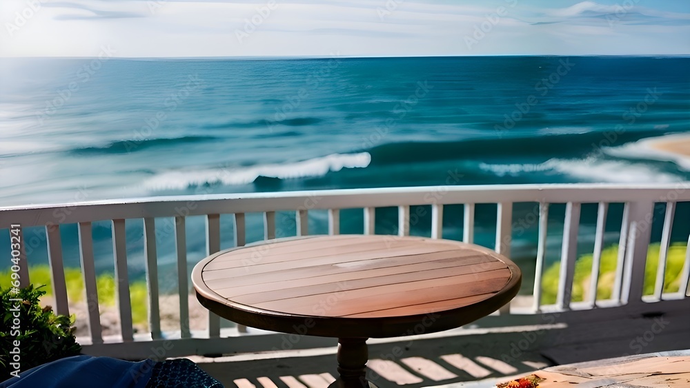 a table on a balcony with a view of the ocean, overlooking the ocean, view of the ocean. generative ai