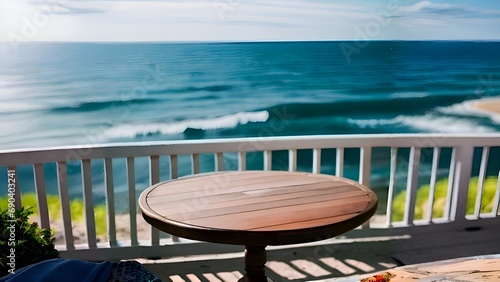 a table on a balcony with a view of the ocean  overlooking the ocean  view of the ocean. generative ai