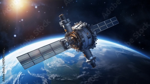Space station on orbit of the Earth planet and universe background