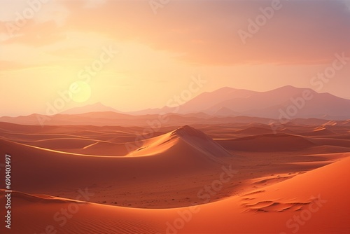 A vast desert landscape at dawn, with rolling sand dunes stretching into the horizon. The first light of day paints the dunes in warm, soft hues. Desert_Dawn_Landscape_HD_Original. © mominita