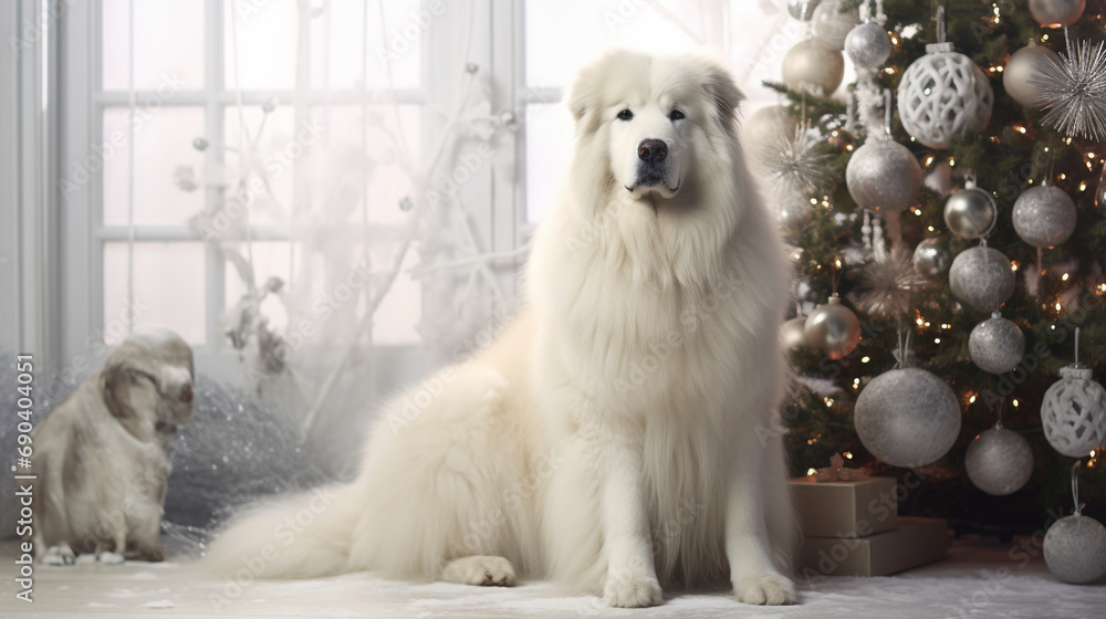 a white big dog next to a white Christmas tree