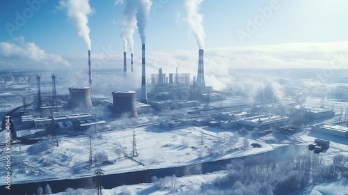 The bad ecology. The thermal power plant near by big city in the cold winter's day. Aerial drone