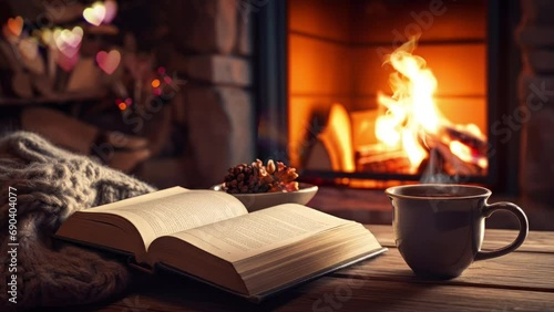 Cozy up by the fireplace with hot coffee, immersed in reading—a perfect blend of warmth and relaxation. Seamless Looping Time Lapse Footage. Generated with Ai photo