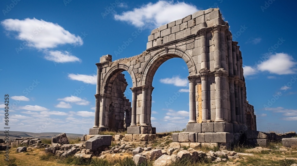 the juxtaposition of nature and history at the Volubilis Ruins by framing the ruins against a vibrant blue sky