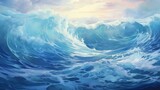 A beautiful painting of an ocean wave, the sea is blue and white with sunlight shining through it