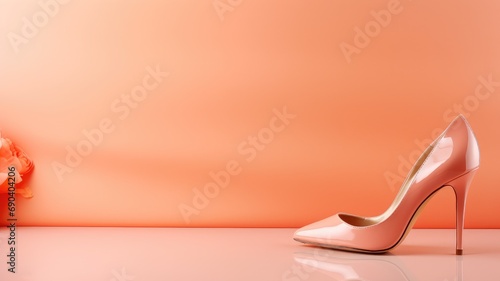 A glossy peach high-heeled shoe with a rose decoration on a gradient background
