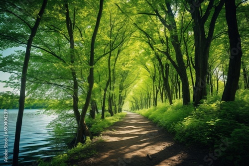A winding trail through a thick forest, with the emerald foliage overhead forming a continuous canopy along the lakeside path. Forest canopy.