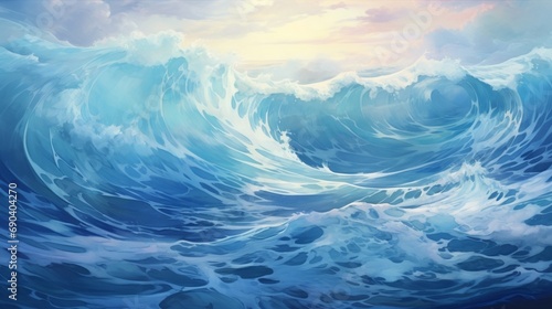 A beautiful painting of an ocean wave, the sea is blue and white with sunlight shining through it