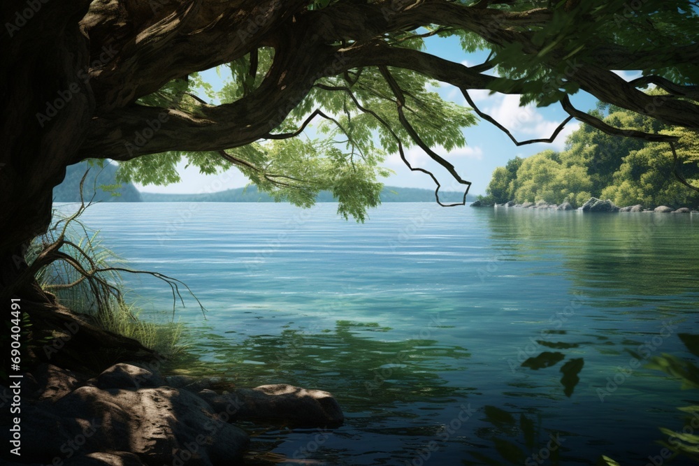 A quiet inlet with overhanging branches, creating a natural frame for the peaceful waters of the lake. Inlet frame.