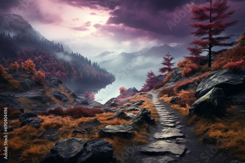 A rocky path ascends to a high vantage point, showcasing a serene lake surrounded by autumnal forests and purple-tinged clouds. RockyAscend_HDlandscape. © mominita