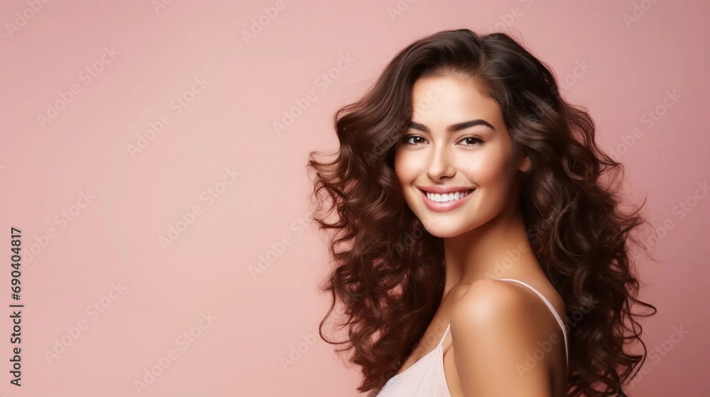 Portrait of a young brunette on a pink background, beautiful model with healthy skin and a white smile