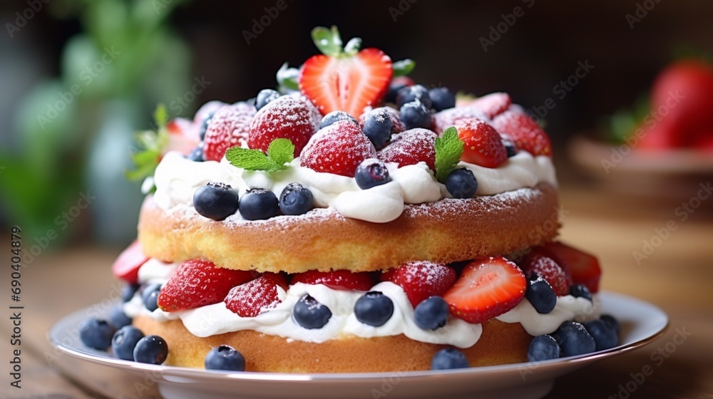 Victoria sandwich cake decorated with strawberries blueberries and mint closeup