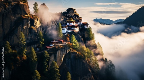 View of the Tiger's Nest monastery also known as the Paro Taktsang and the surrounding area in Bhutan photo