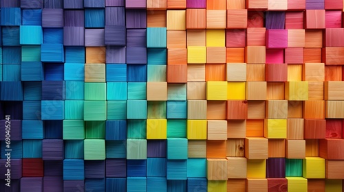 Colorful background of wooden blocks. A Spectrum of multi colored wooden blocks aligned